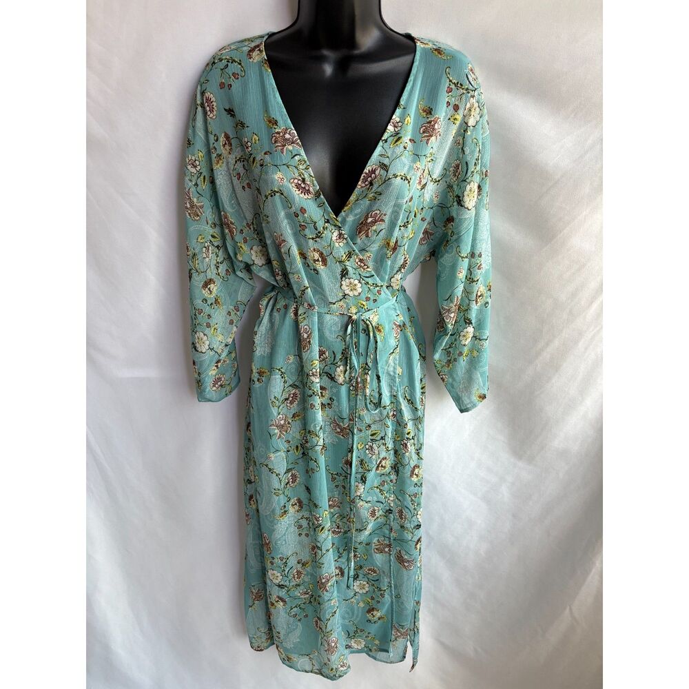 New York & Company NWT Green Blue Floral Kimono Duster Robe Size S/M Romantic